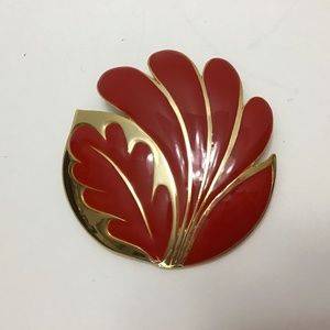 VTG ORENA Paris Large Gold/ Bright Red Enamel VTG  80s Leaf Floral Enamel Brooch